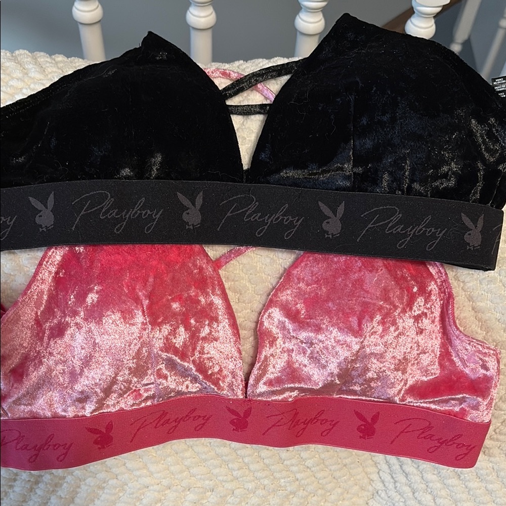 PLAYBOY Velvet Black and Pink Bra and boy short sets (both sets)